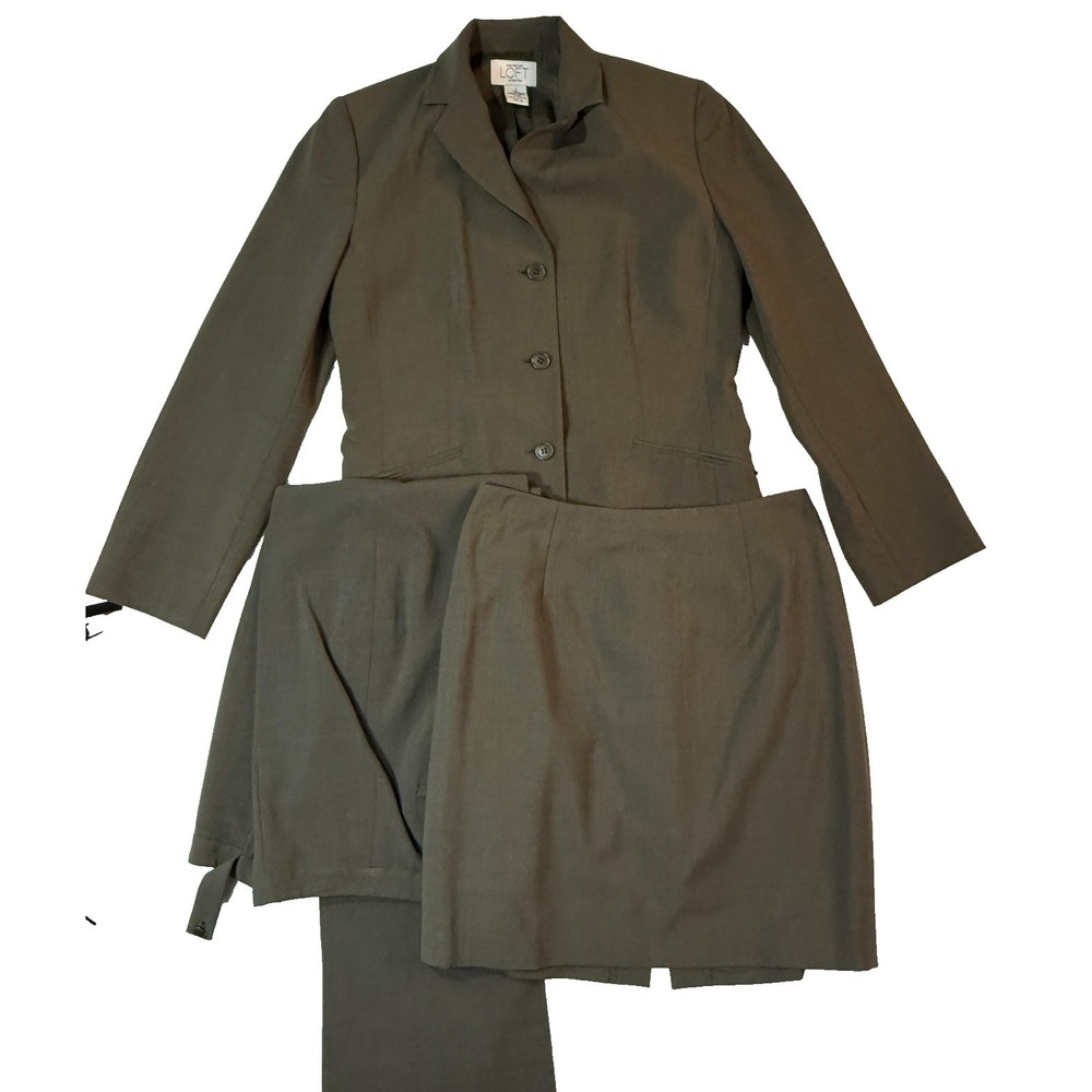 Ann Taylor LOFT 3 Piece Suit Womens 2 Green Tailored Skirt Pants Blazer Career